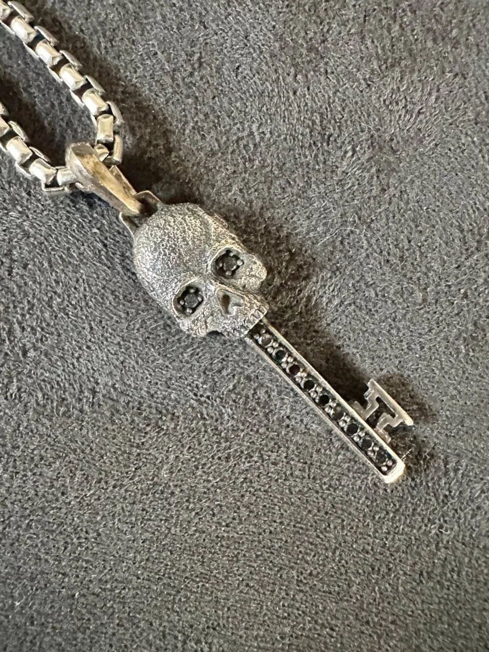 David Yurman Skull Key Pendant w/ Black Diamonds & DY Box Chain Necklace - 20